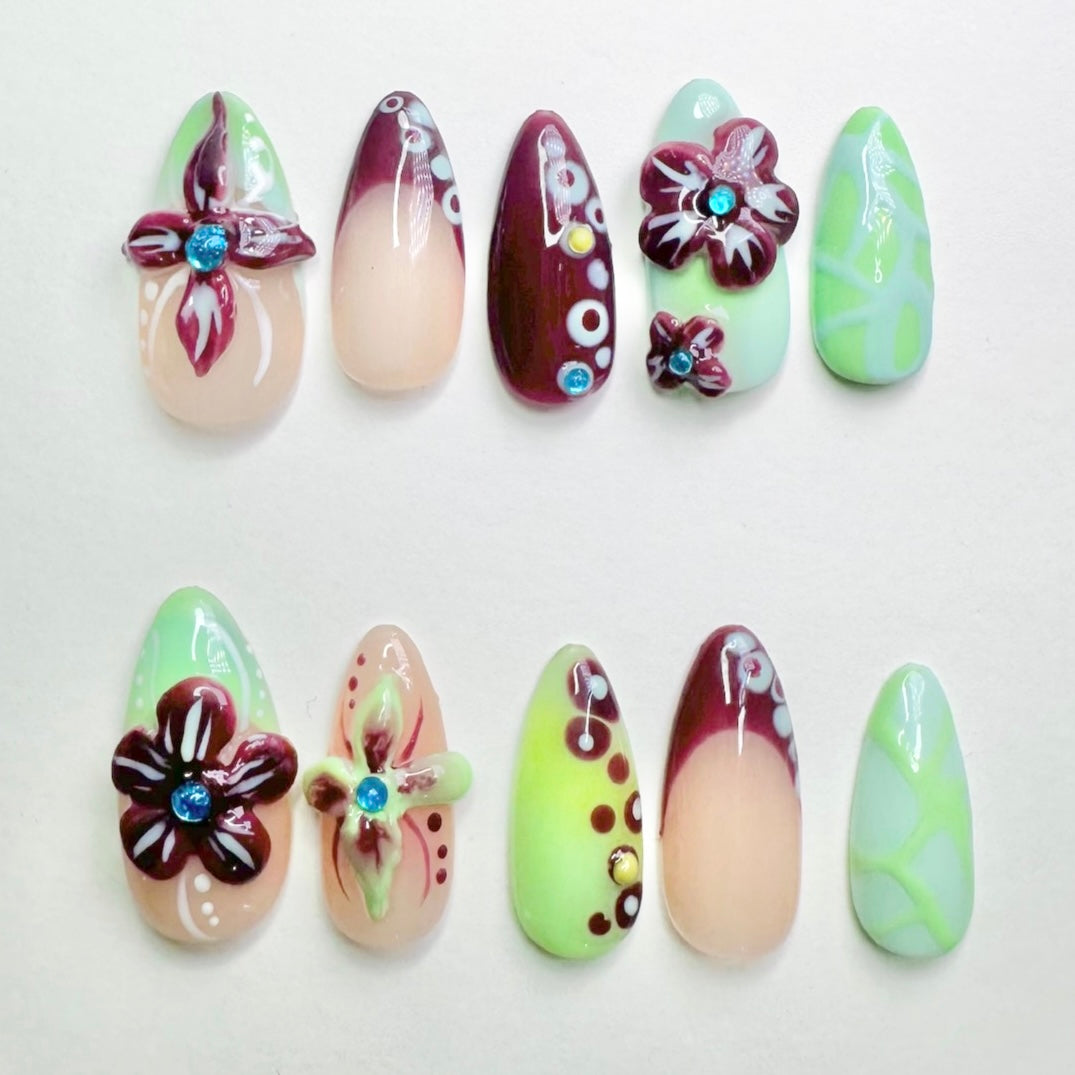 Green Blossom -Handmade Press On Nails